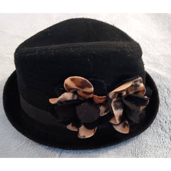 Ladies Felt Wool Black Derby Hat brown Flower Accents size M/L - Picture 2 of 4